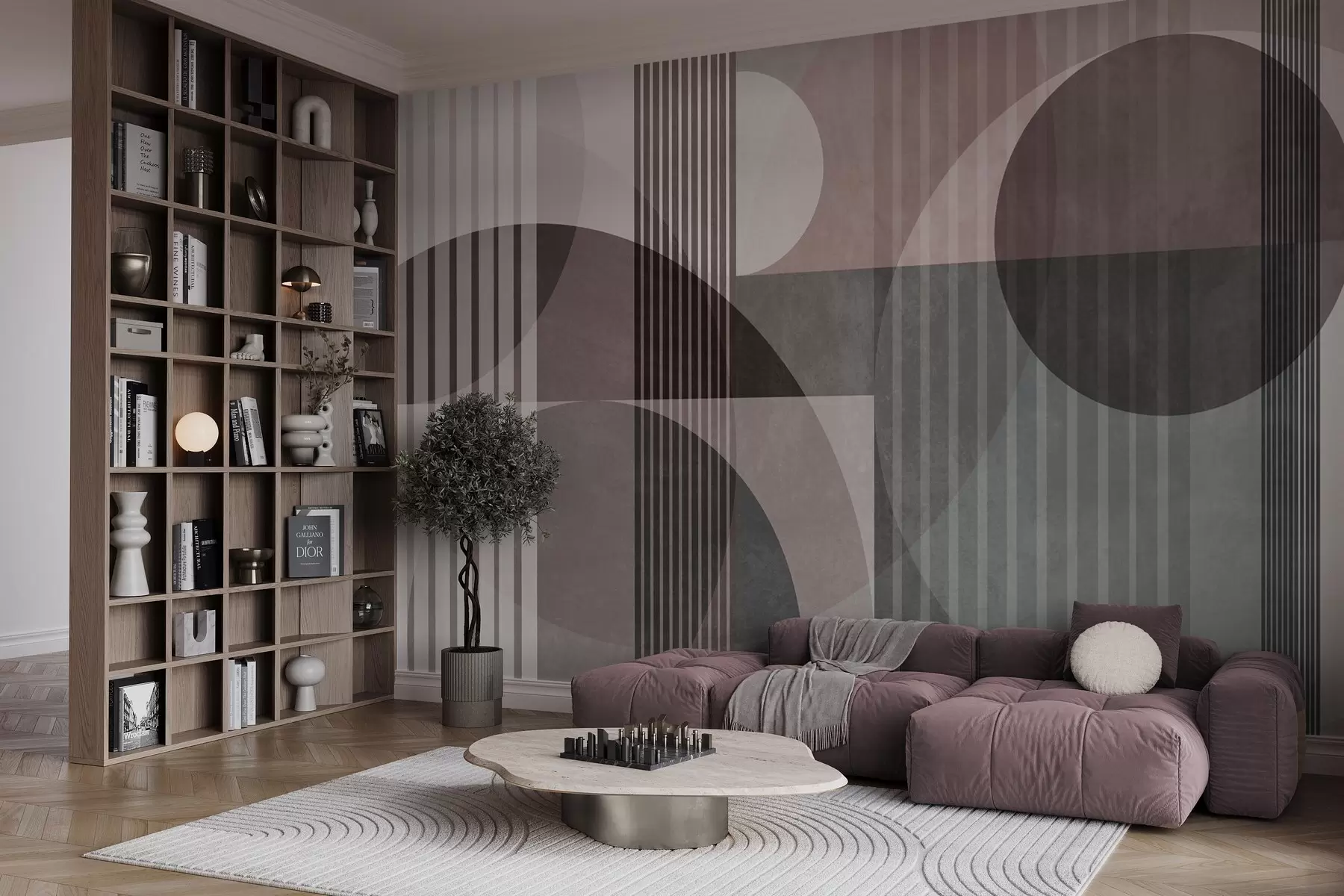 Fotobehang Abstracte geometrische vormen met cirkels en lijnen, ingetogen tinten, een compositie met textuur en gelaagdheid w09834v1