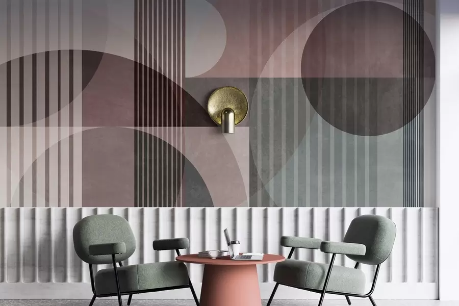 Fotobehang Abstracte geometrische vormen met cirkels en lijnen, ingetogen tinten, een compositie met textuur en gelaagdheid w09834v1