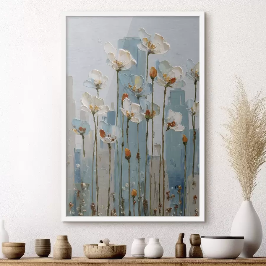 Fotobehang bloemen tegen een stedelijke achtergrond, in de stijl van een olieverfschilderij f48785