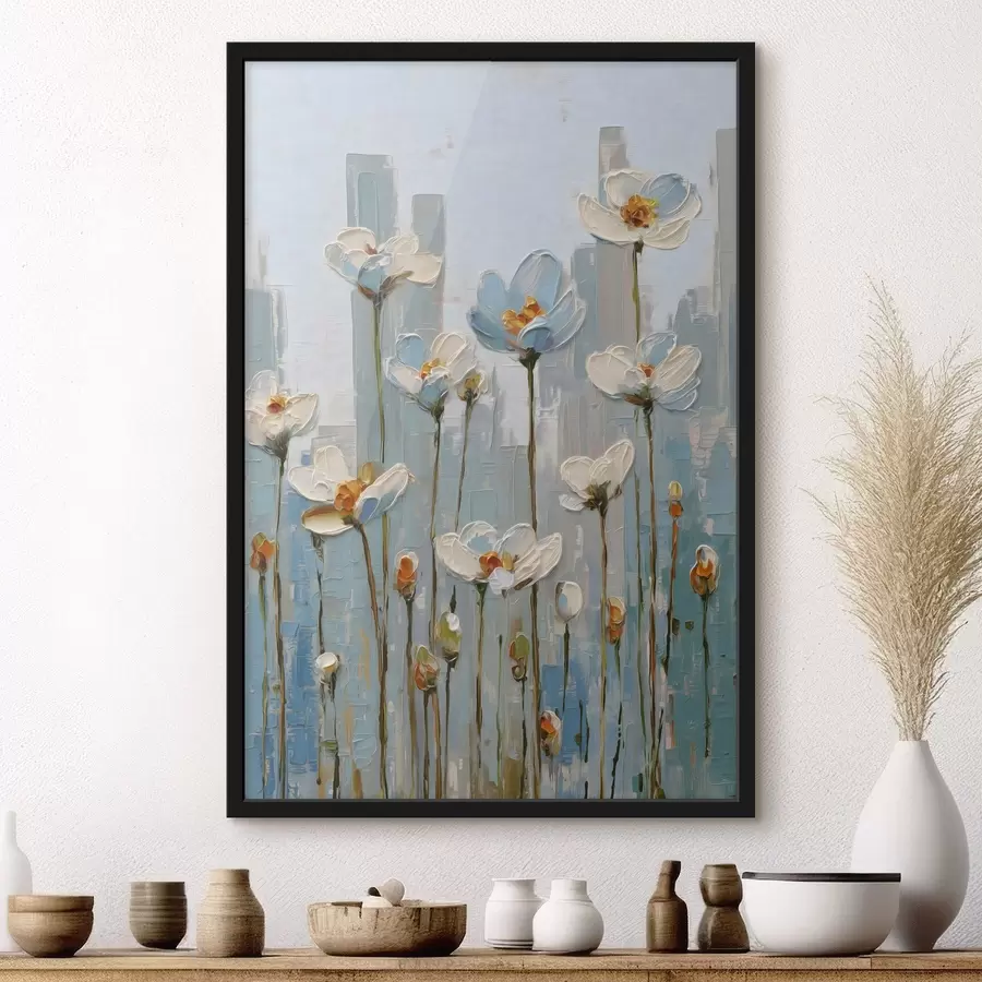 Fotobehang bloemen tegen een stedelijke achtergrond, in de stijl van een olieverfschilderij f48786