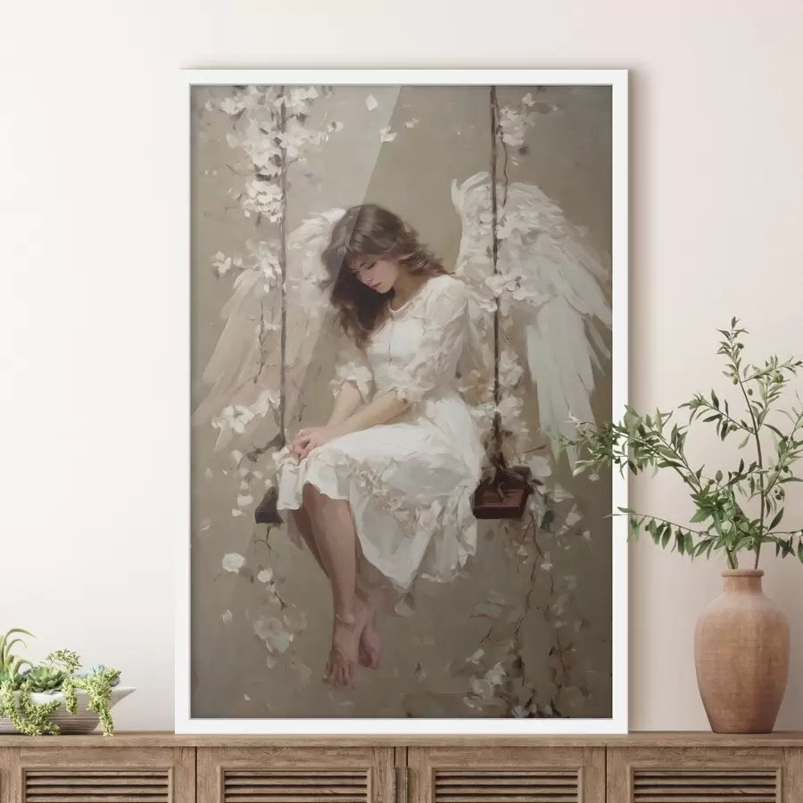 Fotobehang een engelmeisje op een schommel, geschilderd in olieverfstijl f48789