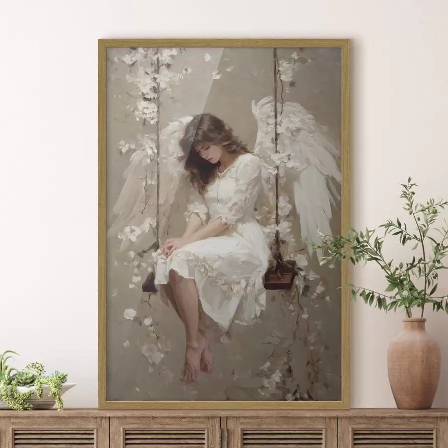 Fotobehang een engelmeisje op een schommel, geschilderd in olieverfstijl f48789