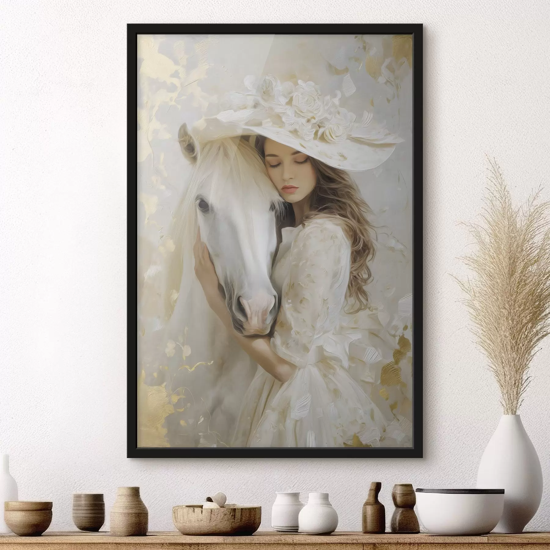 Fotobehang een meisje met een wit paard, geschilderd in olieverfstijl f48790