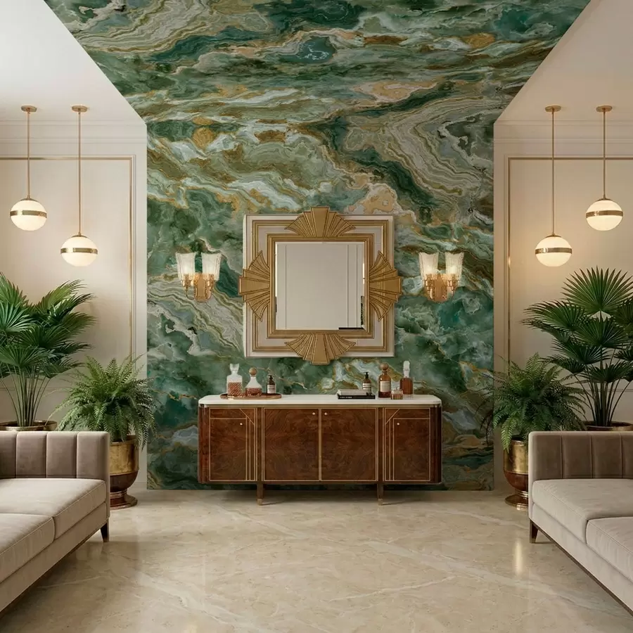 Fotobehang Groene onyxtextuur met vloeiende, gelaagde aders w05429