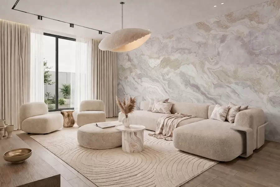 Fotobehang Licht onyx met vloeiende beige en grijze lagen w05430