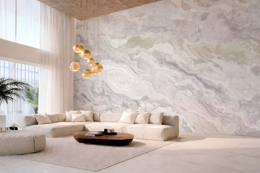 Fotobehang Licht onyx met vloeiende beige en grijze lagen w05430