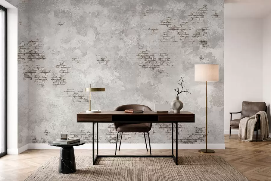 Fotobehang Grungestijl pleisterstructuur met zichtbare baksteenfragmenten w05161