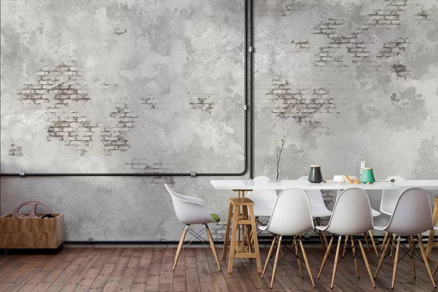 Fotobehang Grungestijl pleisterstructuur met zichtbare baksteenfragmenten w05161