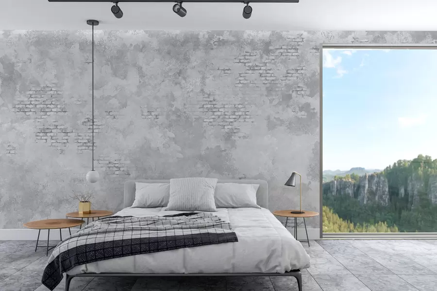 Fotobehang Grungegrijs pleisterwerk met stukken zichtbare baksteen w05161v2