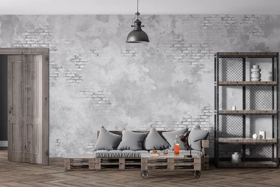 Fotobehang Grungegrijs pleisterwerk met stukken zichtbare baksteen w05161v2