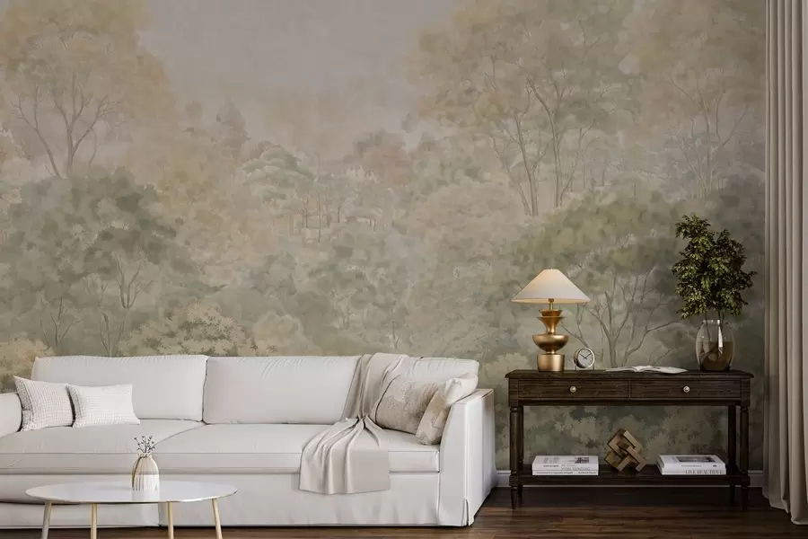 Fotobehang Vintage boslandschap in gedempte groene tinten w05433