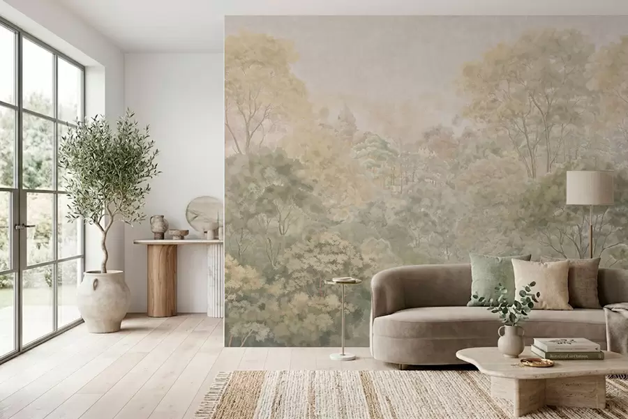 Fotobehang Vintage boslandschap in gedempte groene tinten w05433