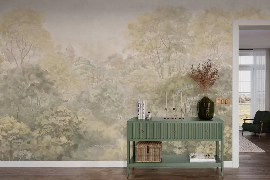 Fotobehang Vintage boslandschap in gedempte groene tinten w05433