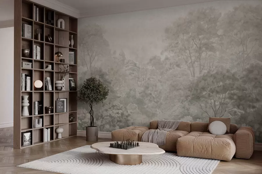 Fotobehang Vintage landschap met een licht bos in pasteltinten w05433v2