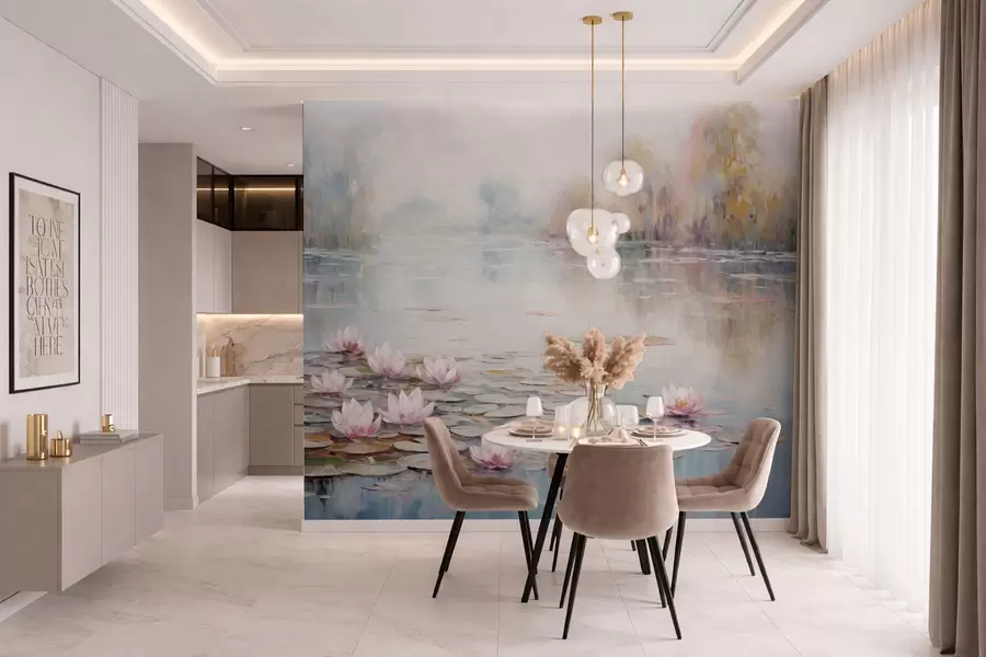 Fotobehang Impressionistisch meer met waterlelies en zacht licht w05515