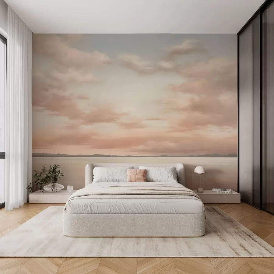 Fotobehang Minimalistische zeehorizon met pastelkleurige wolken w05516