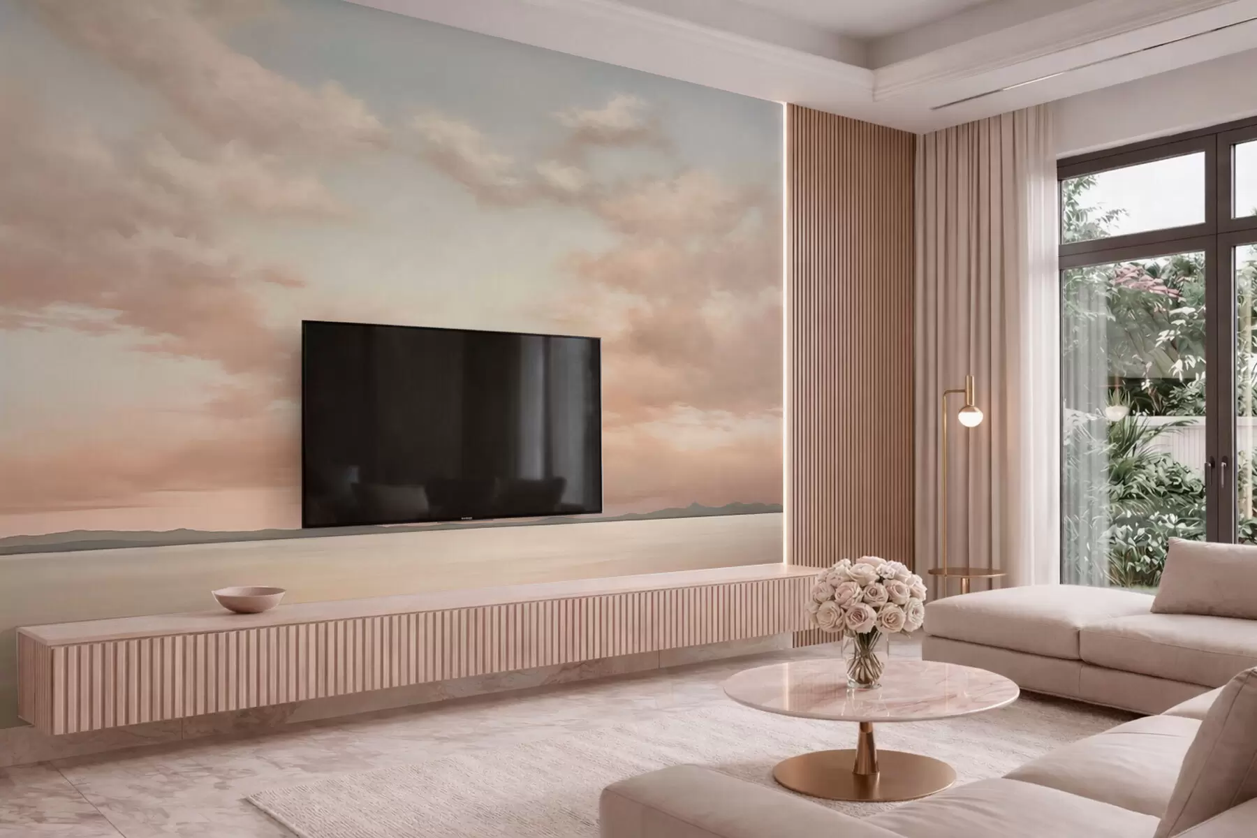 Fotobehang Minimalistische zeehorizon met pastelkleurige wolken w05516