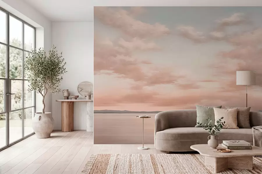 Fotobehang Minimalistische zeehorizon met pastelkleurige wolken w05516