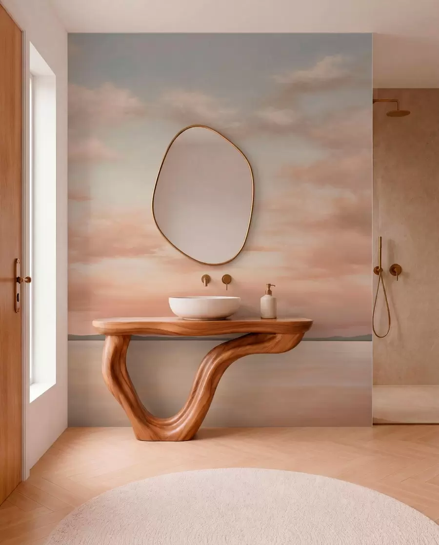 Fotobehang Minimalistische zeehorizon met pastelkleurige wolken w05516