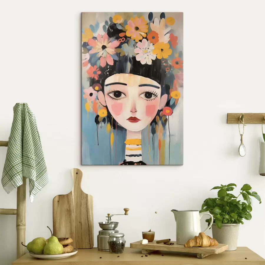  Schilderijen Portret van een vrouw met bloemen in haar haar, in abstracte stijl s48935