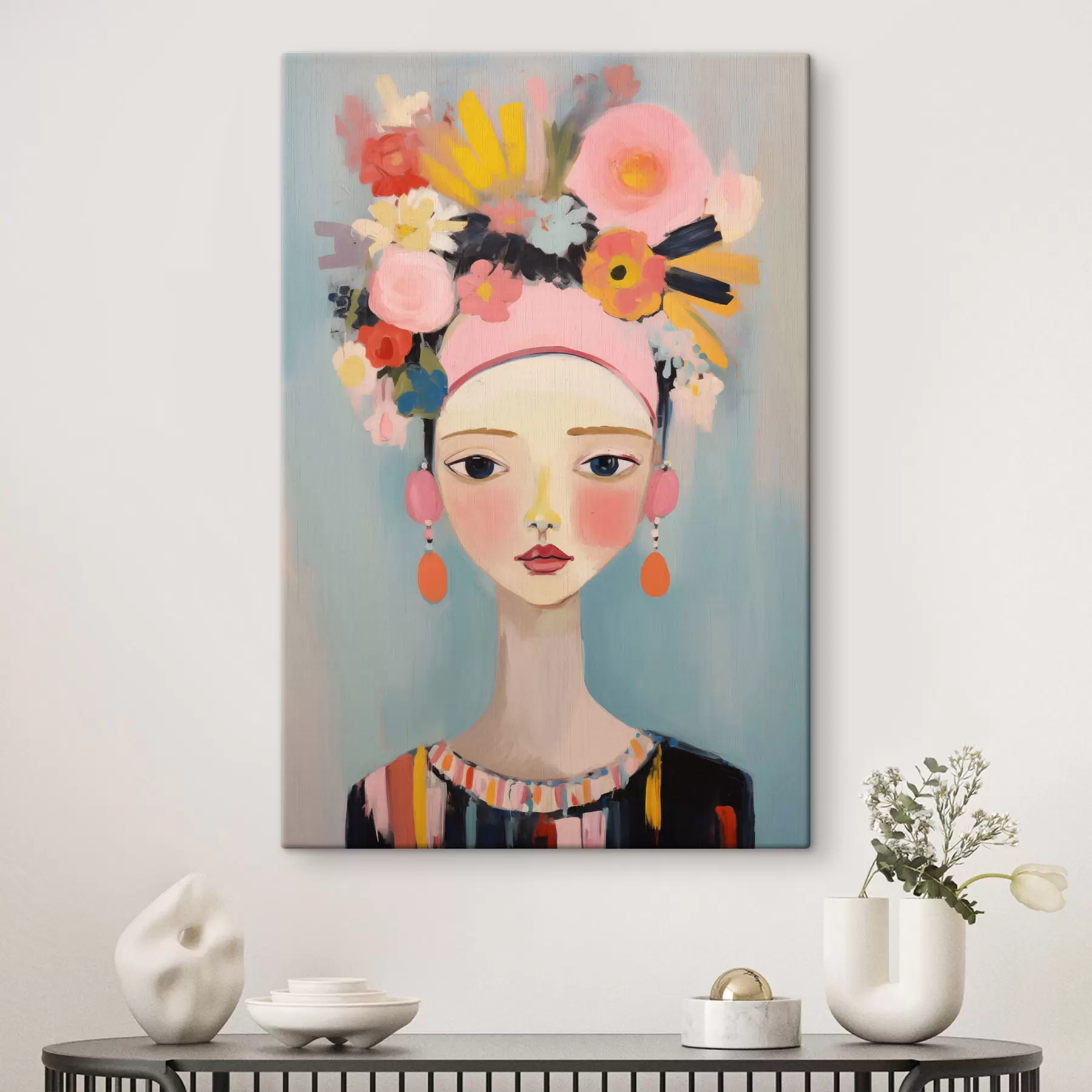  Schilderijen Portret van een vrouw met bloemen in haar haar, in abstracte stijl s48936