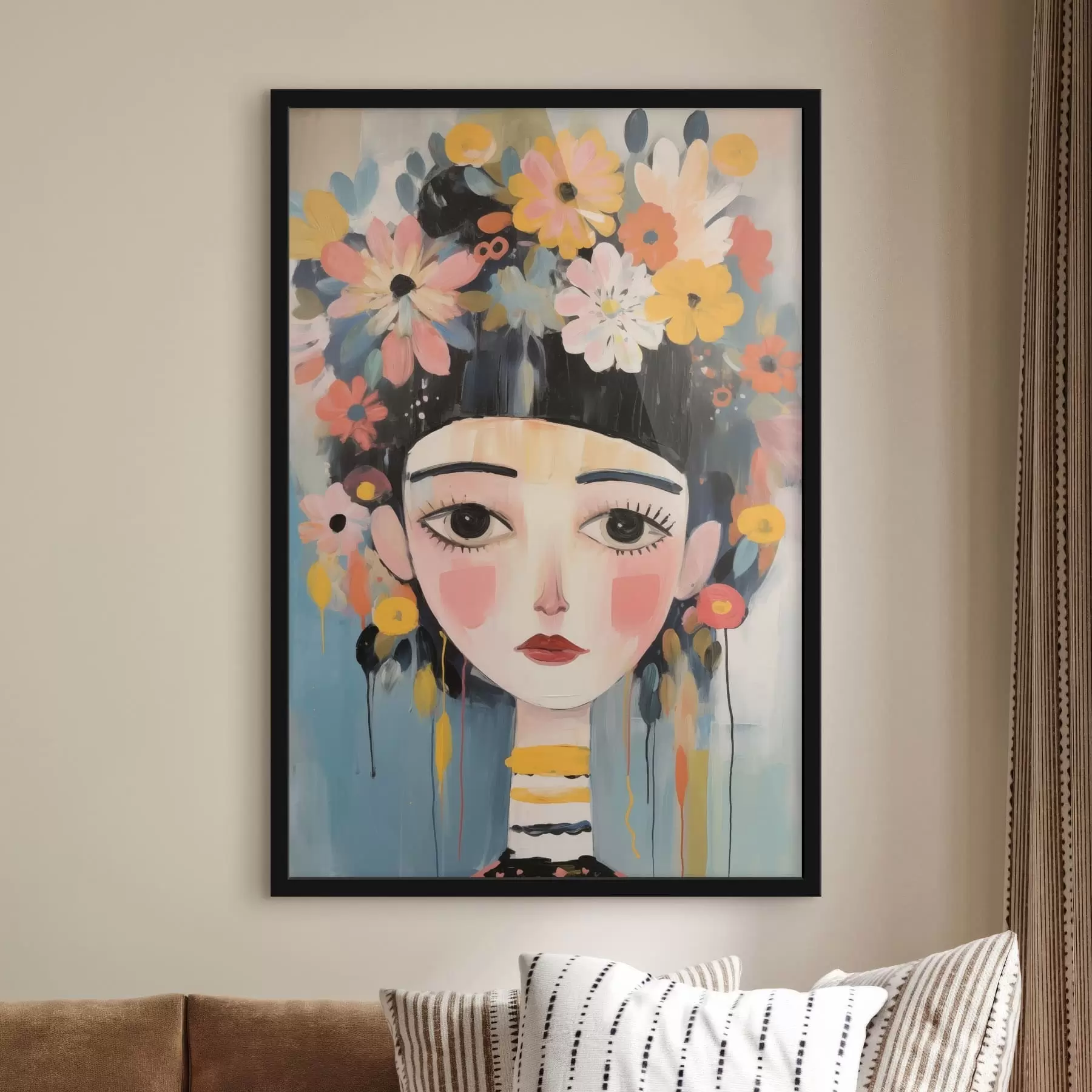 Fotobehang Portret van een vrouw met bloemen in haar haar, in abstracte stijl f48935