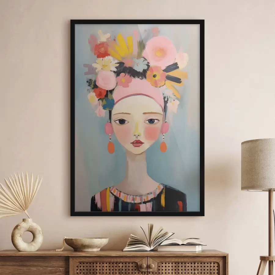 Fotobehang Portret van een vrouw met bloemen in haar haar, in abstracte stijl f48936