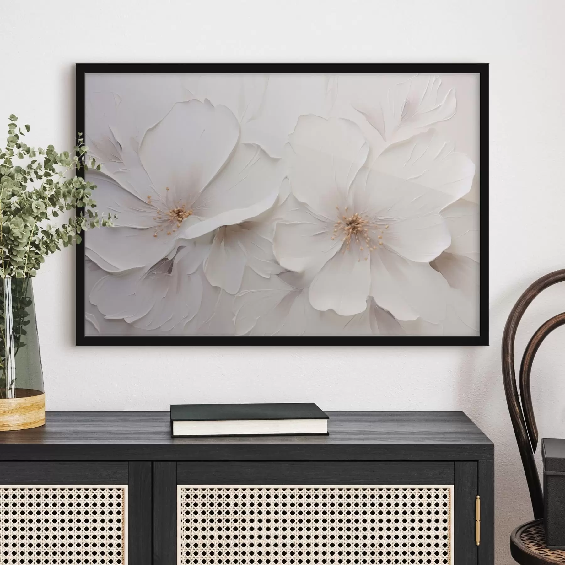 Fotobehang Minimalistische witte bloemen in reliëf met zachte schaduwen f48796