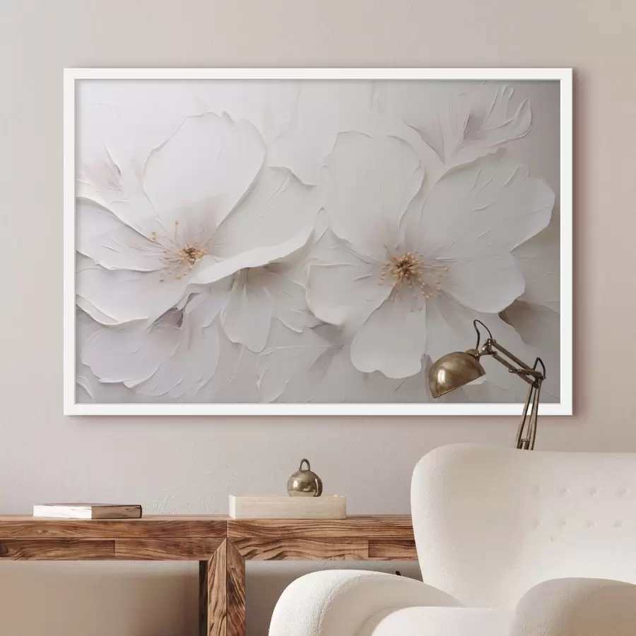 Fotobehang Minimalistische witte bloemen in reliëf met zachte schaduwen f48796