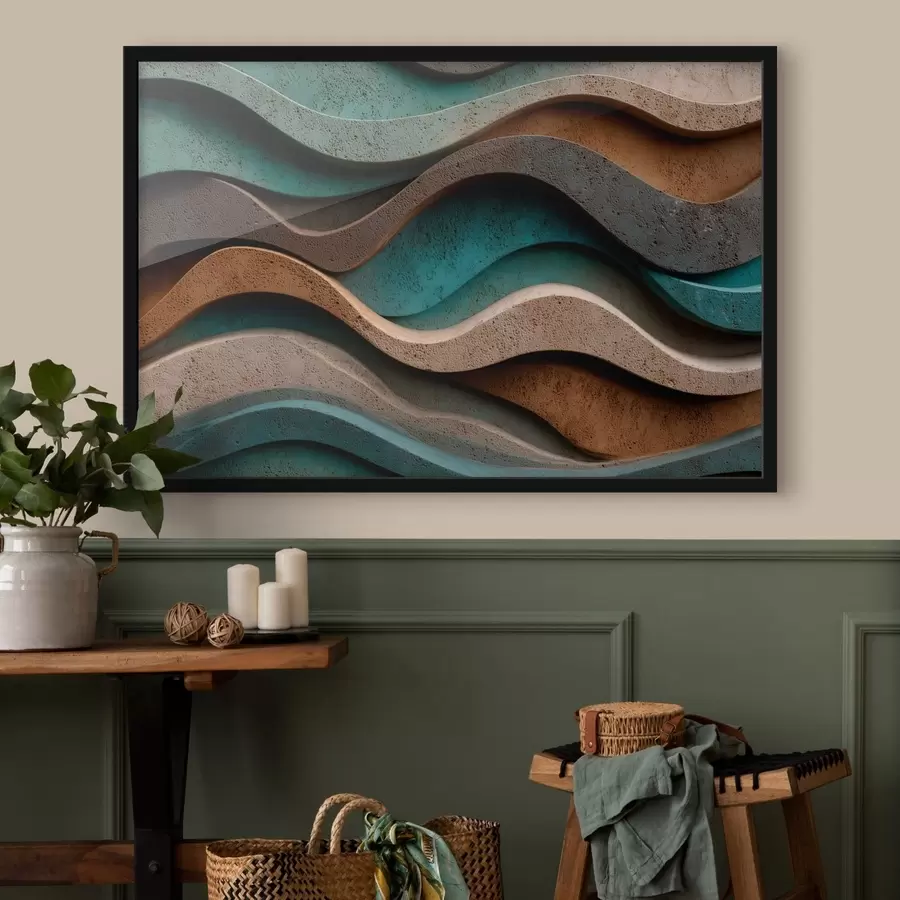 Fotobehang Abstracte golvende lagen in blauwgroene en terracottatinten f48797