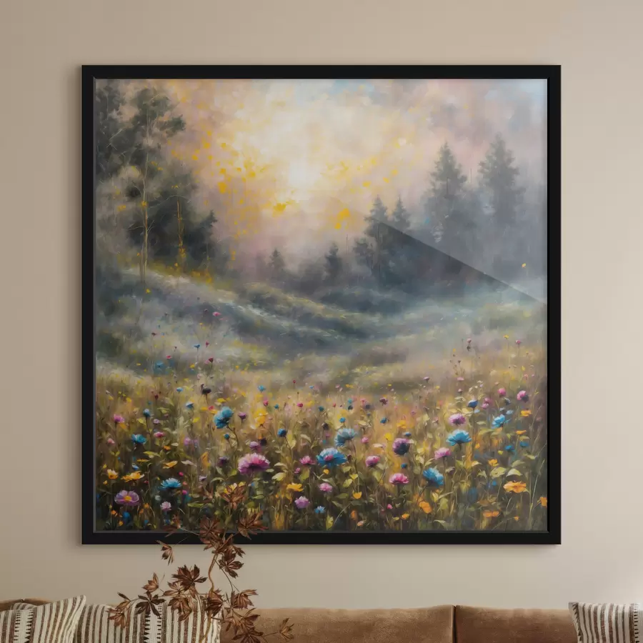 Fotobehang Impressionistisch bloemenveld in warm licht f48802