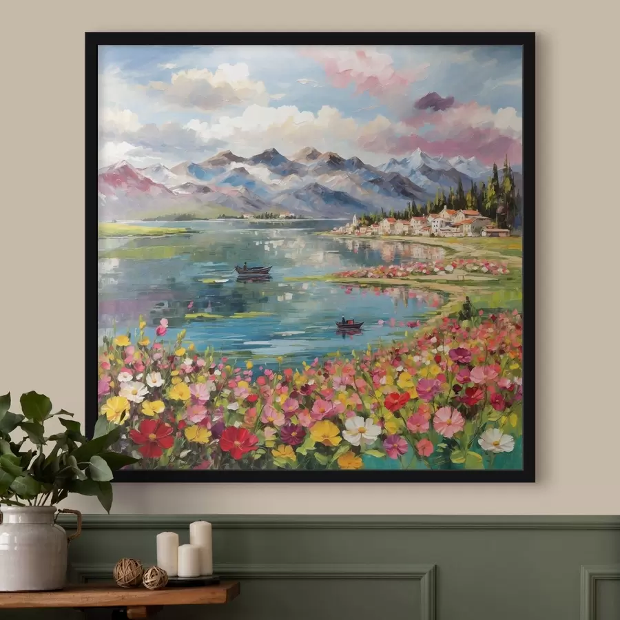 Fotobehang Impressionistisch bergmeer met bootjes en bloemen f48806