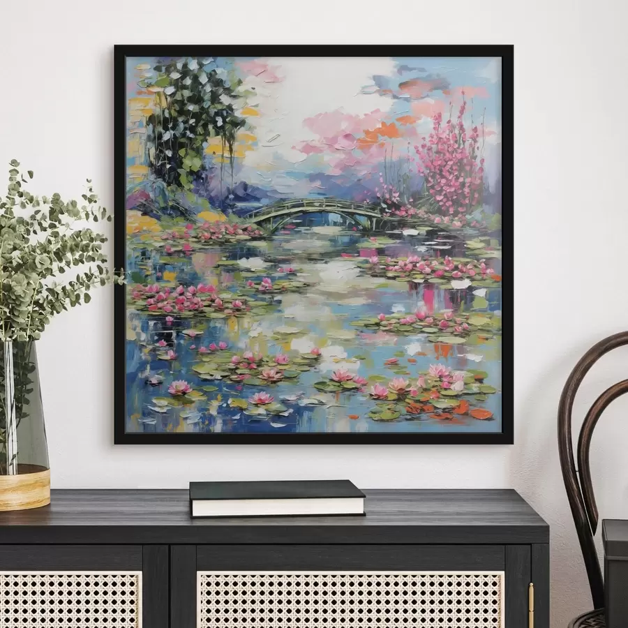 Fotobehang Impressionistische brug over een vijver met waterlelies en bloemen f48807
