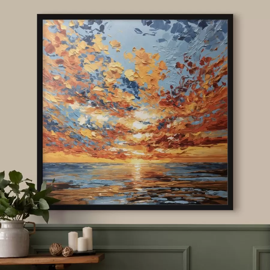 Fotobehang Een dramatische zonsondergang boven zee in impasto-stijl f48810