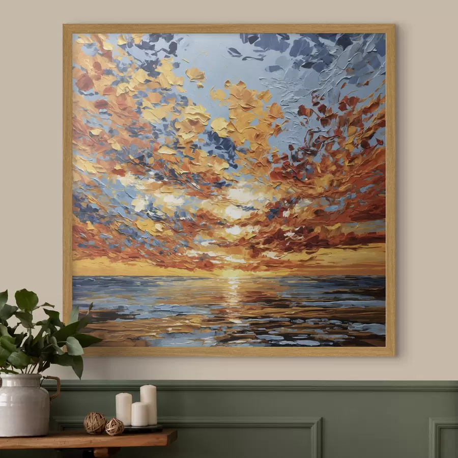 Fotobehang Een dramatische zonsondergang boven zee in impasto-stijl f48810