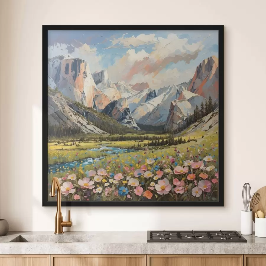 Fotobehang Impressionistisch schilderij van een bergvallei met een rivier en bloemen f48812