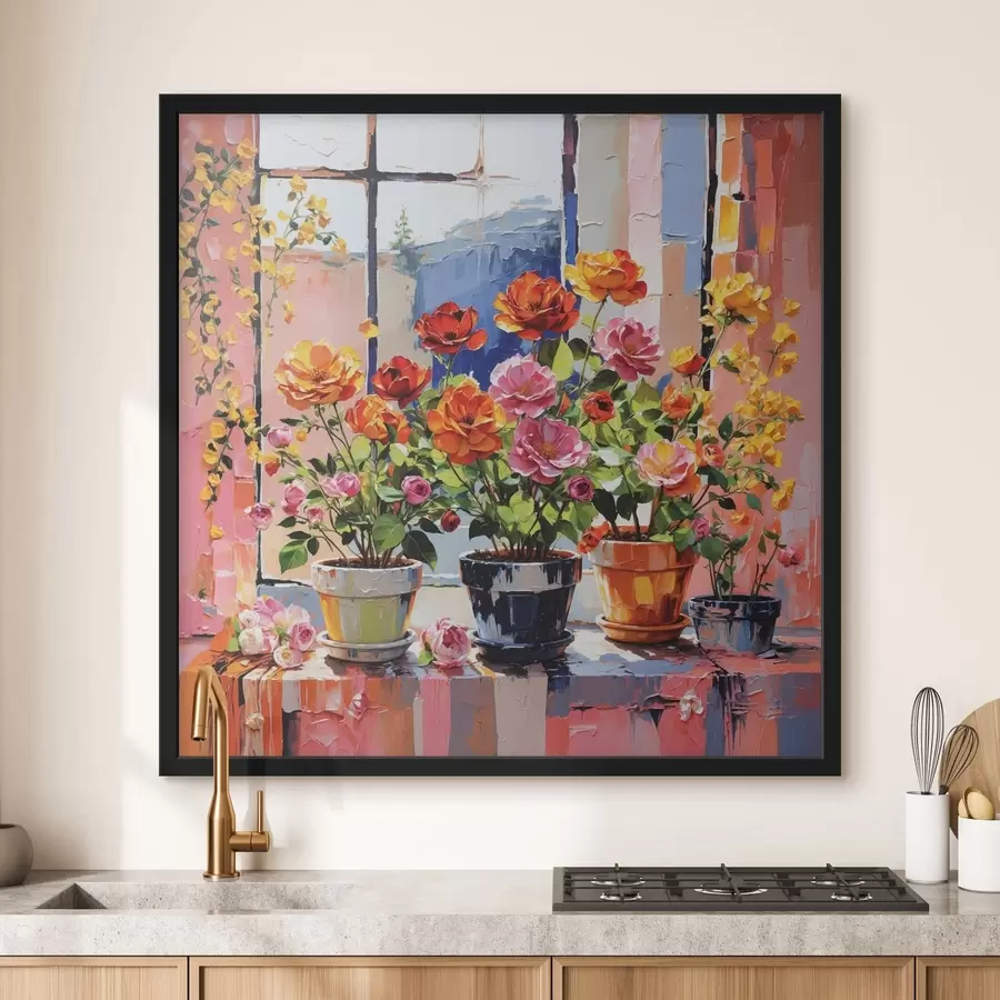 Fotobehang Impressionistische bloemen in potten op een vensterbank f48816