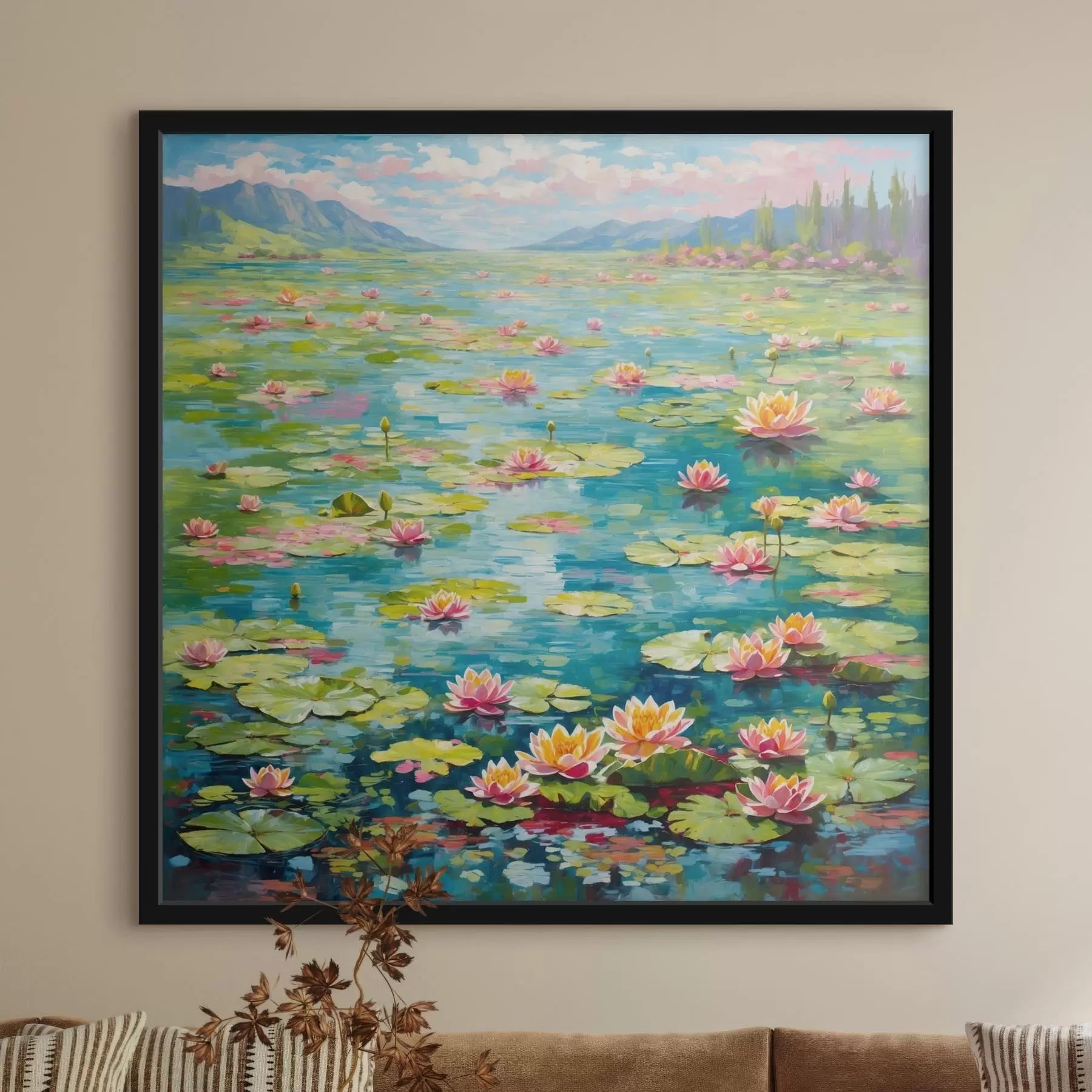 Fotobehang Impressionisme: lelievijver met bergen in de verte f48820