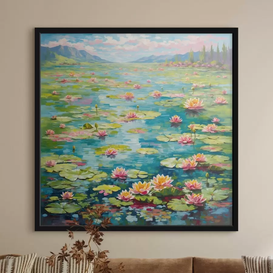 Fotobehang Impressionisme: lelievijver met bergen in de verte f48820