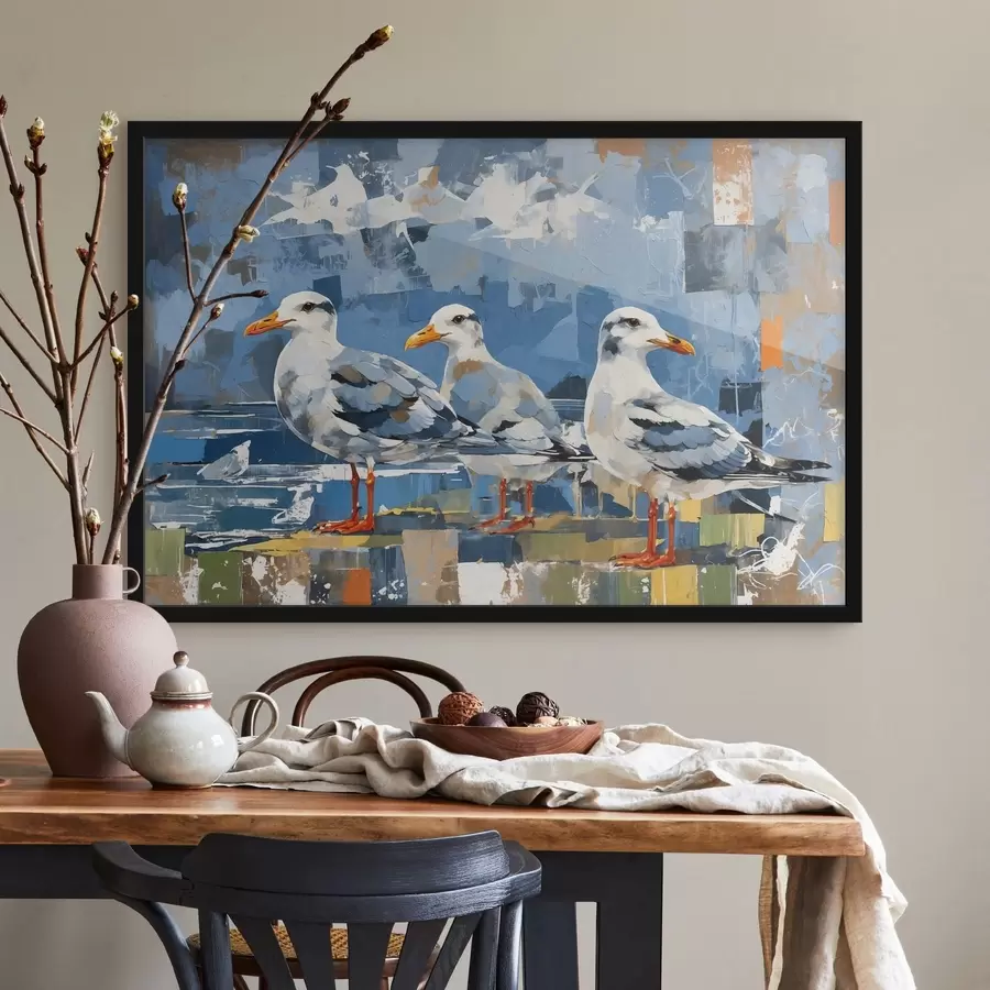 Fotobehang Modernistische meeuwen tegen een abstracte achtergrond f48822