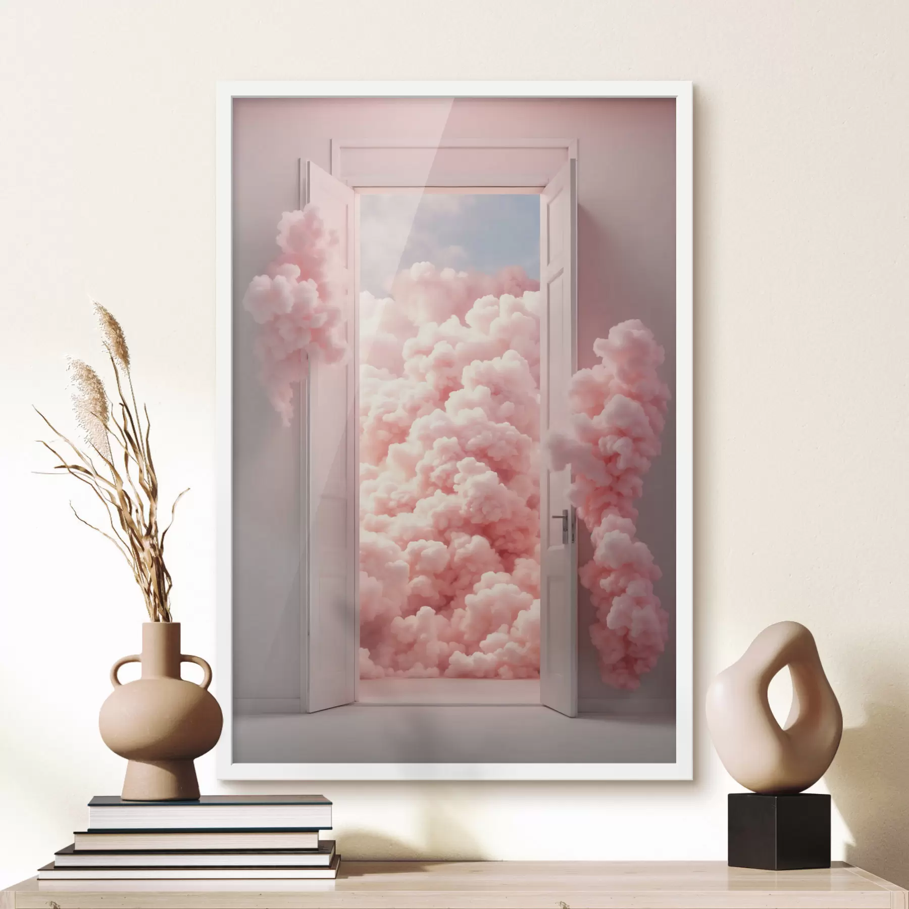 Fotobehang Surrealistische deur met roze wolken binnenin f48823