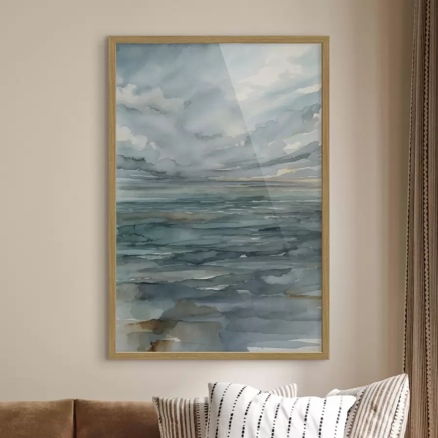 Fotobehang Aquarel van een kalme zee onder een bewolkte hemel f48824