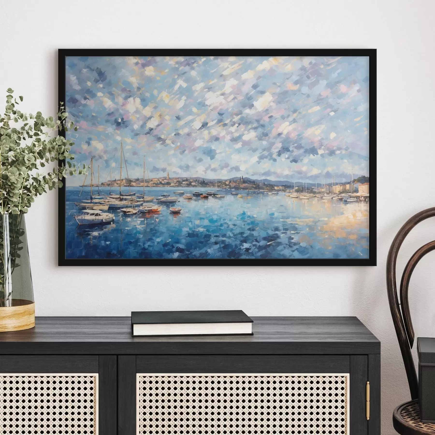 Fotobehang Impressionistisch schilderij van een haven met boten en een stad f48831