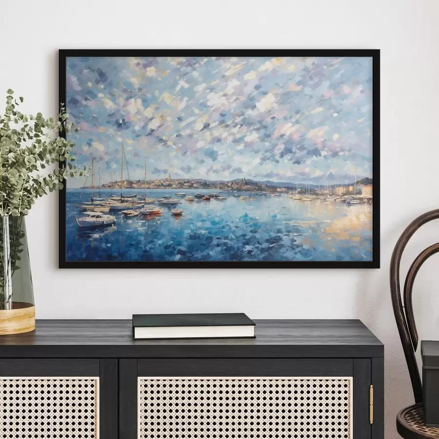 Fotobehang Impressionistisch schilderij van een haven met boten en een stad f48831