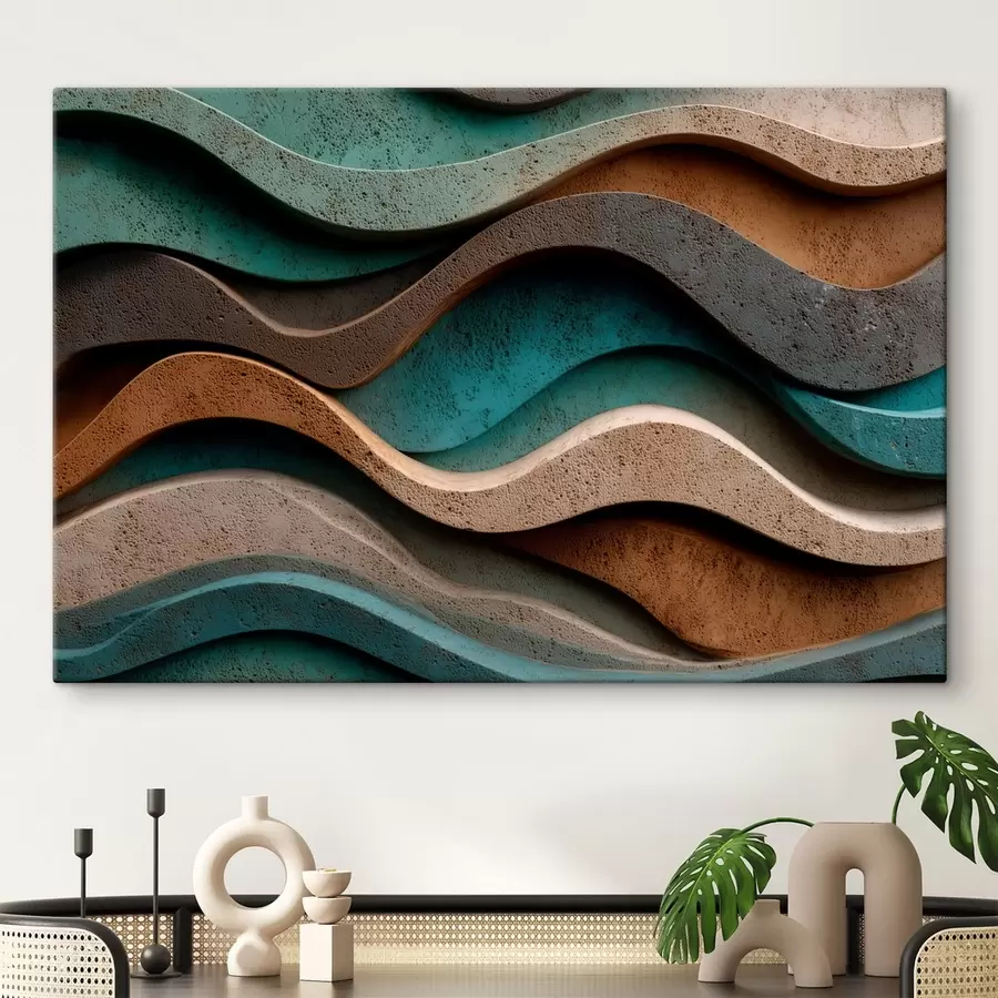  Schilderijen Abstracte golvende lagen in blauwgroene en terracottatinten s48797