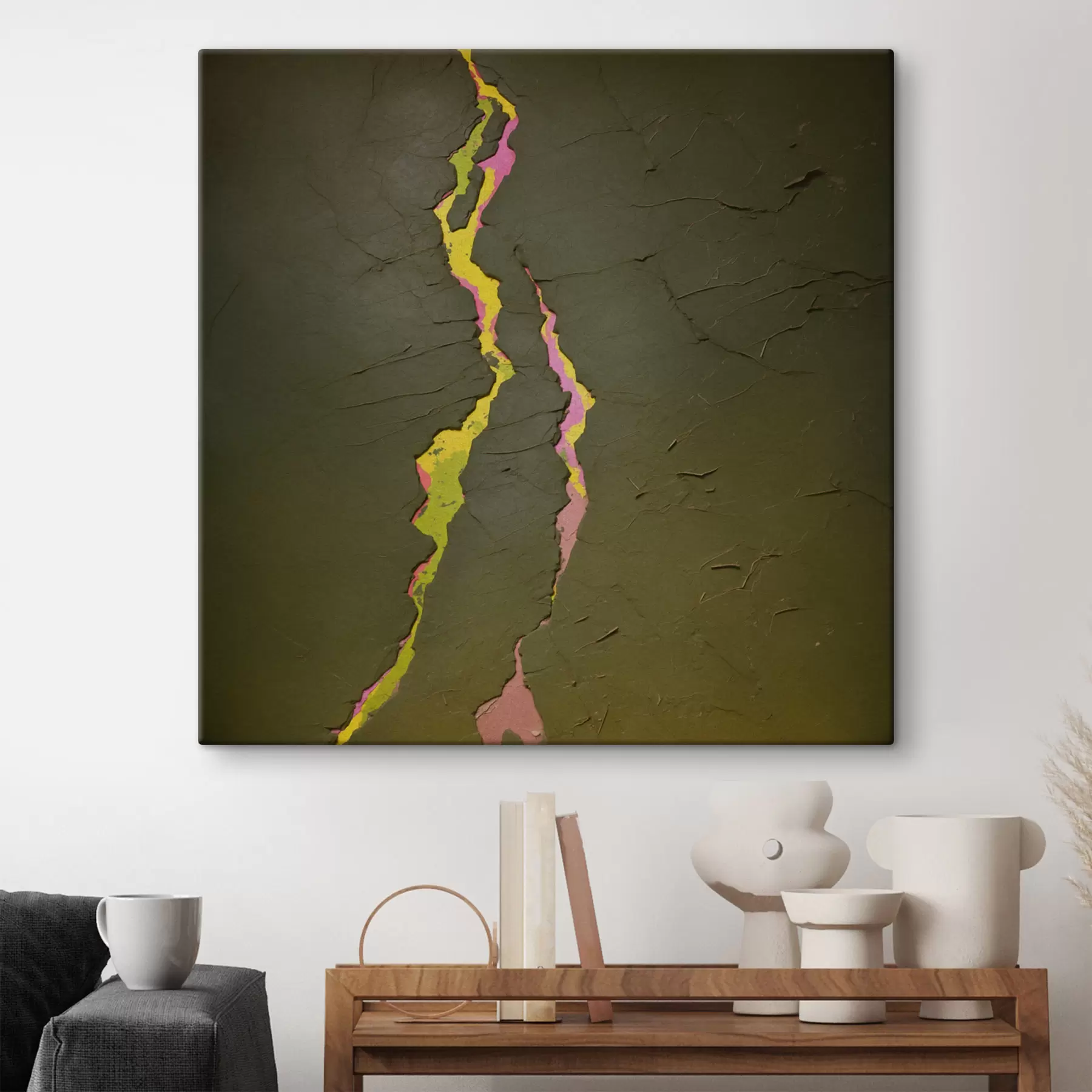  Schilderijen Abstracte scheur met levendige lagen onder een donker oppervlak s48805