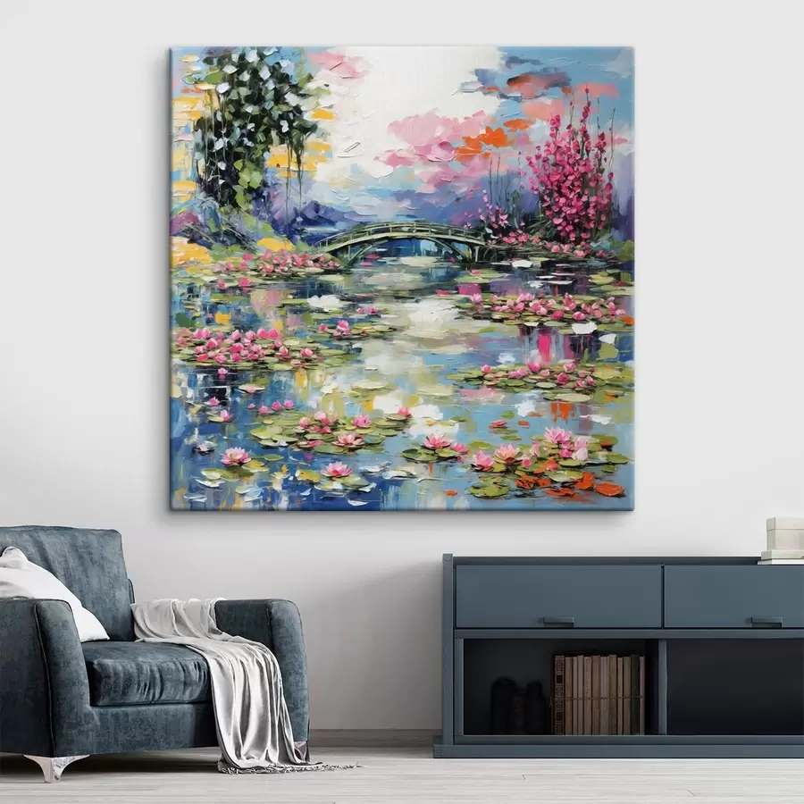 Fotobehang Impressionistische brug over een vijver met waterlelies en bloemen s48807