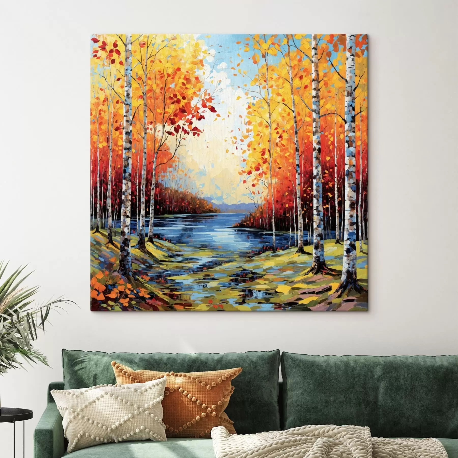  Schilderijen Impressionistisch herfstlandschap met berkenbos en rivier s48809