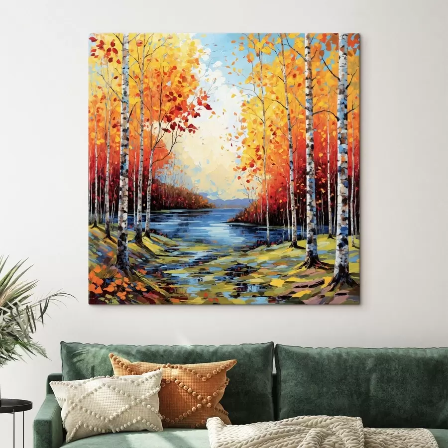 Fotobehang Impressionistisch herfstlandschap met berkenbos en rivier s48809