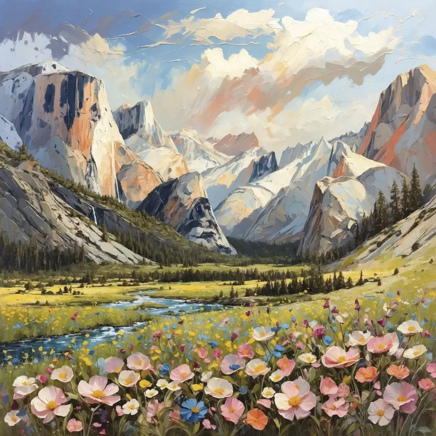 Fotobehang Impressionistisch schilderij van een bergvallei met een rivier en bloemen s48812